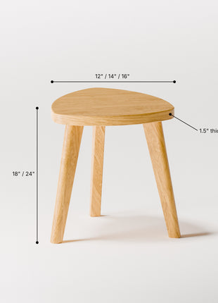 Wooden stool with dimensions labeled on a white background