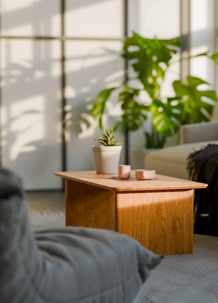 Living room with wooden coffee table, plants, and a sofa.