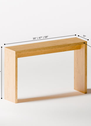 Wooden console table with dimensions labeled on a white background