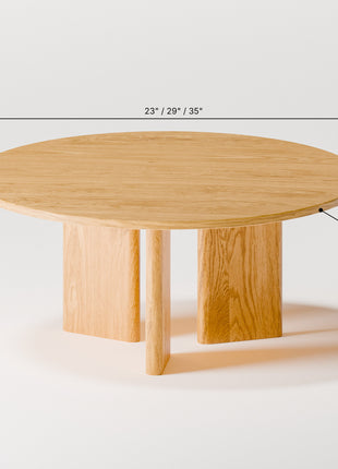 Wooden side table with dimensions on a white background