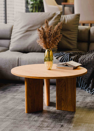 Solid wood coffee table with decorative items in a living room setting