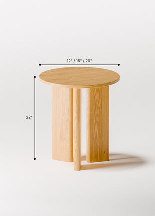Wooden side table with dimensions on a white background